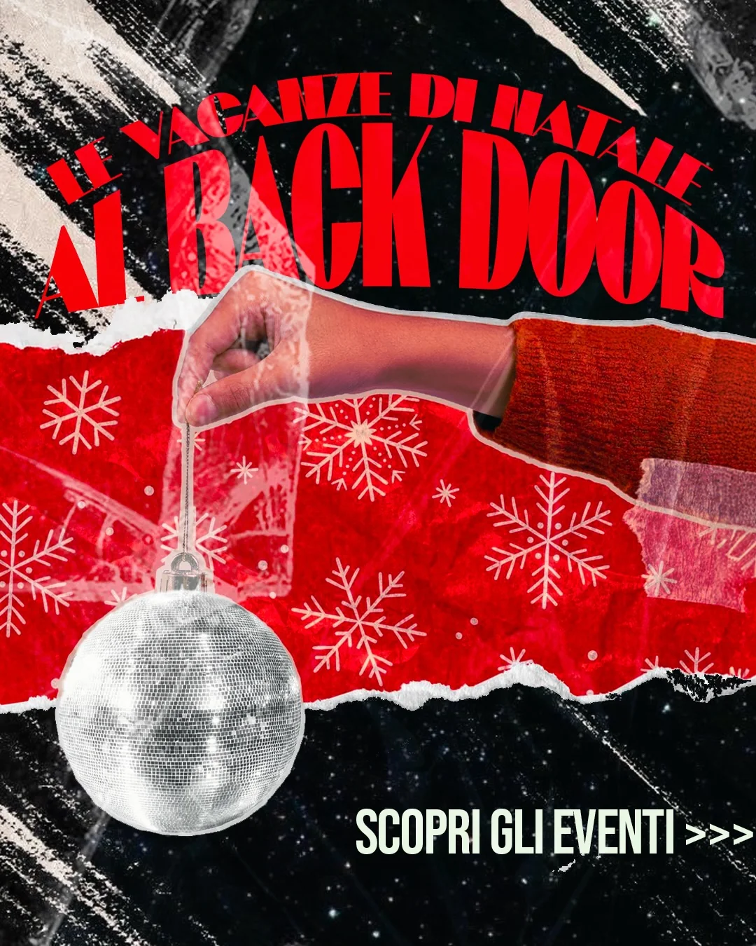 Copertina del carosello di Natale: «Le vacanze di Natale al» e il nome del locale in lettere rosse su nero graffiato, carta rossa strappata con fiocchi di neve e una mano che regge una sfera da discoteca come una pallina.