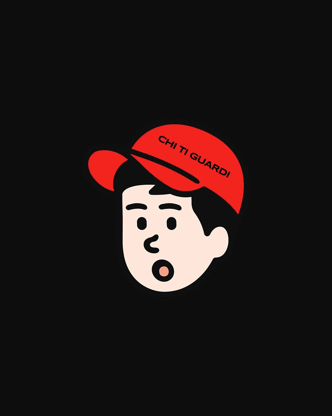La grafica «Chi ti guardi»: un volto stilizzato con il cappellino rosso, la scritta sulla visiera e l'espressione sorpresa, su fondo nero.