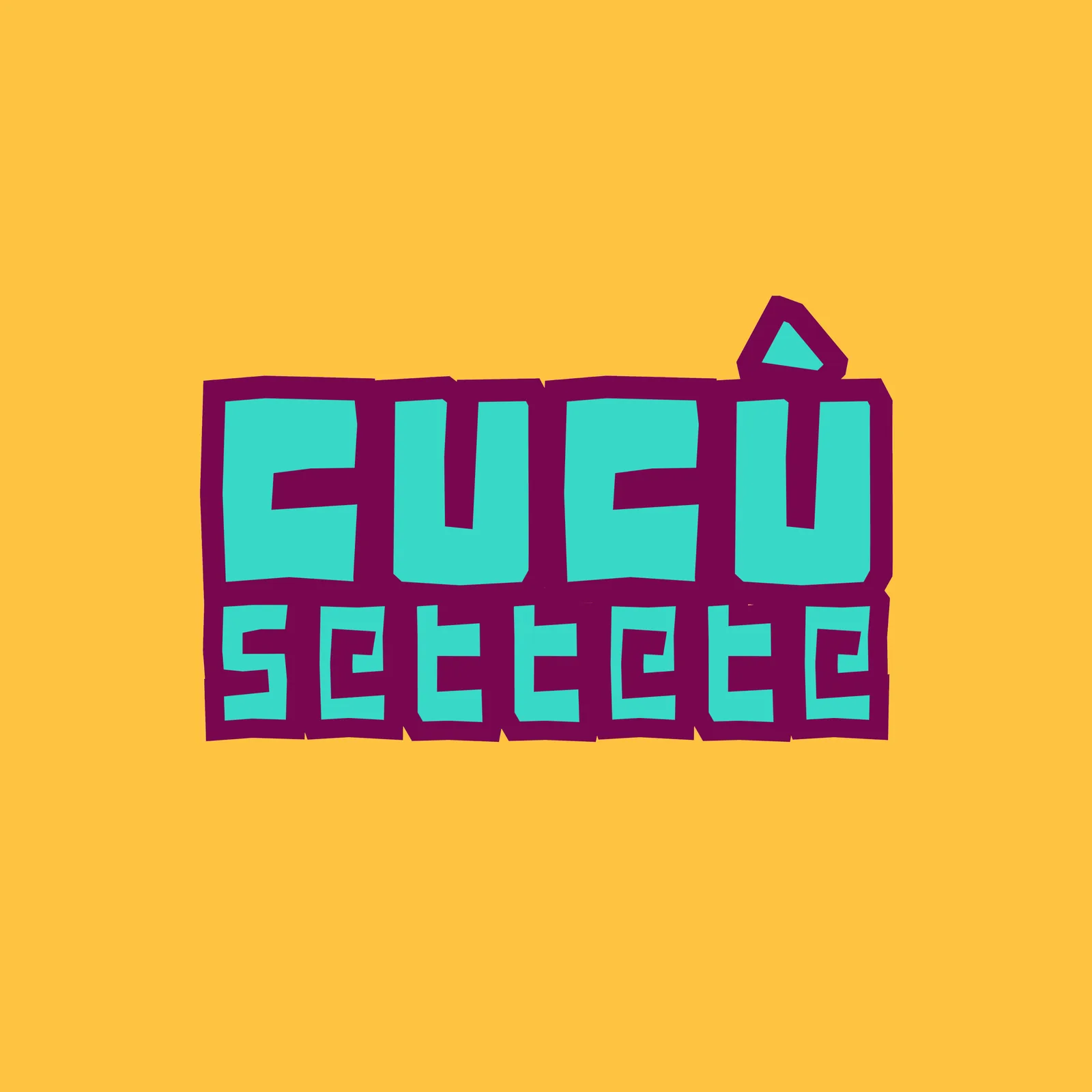 Il logotipo Cucusettete su fondo giallo: il nome su due righe, in lettere squadrate turchesi con un contorno prugna.
