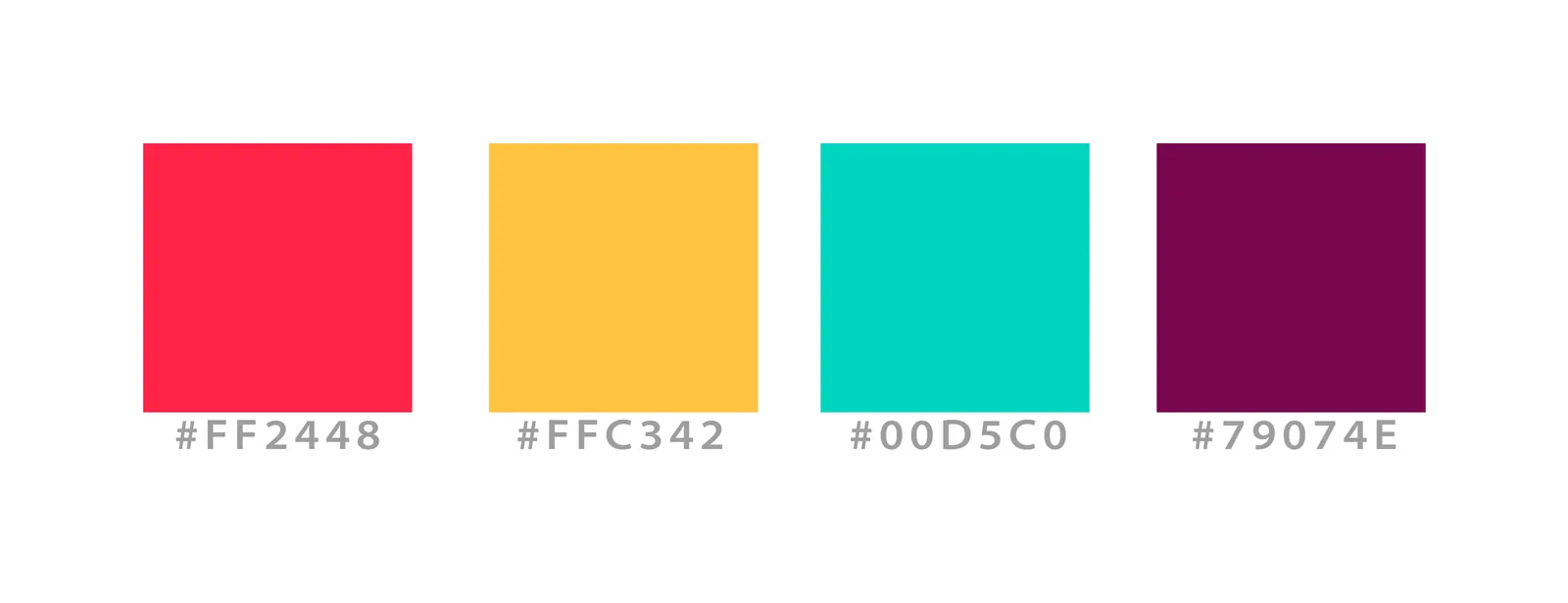 La palette su fondo bianco: quattro campioni quadrati, rosso, giallo, turchese e prugna, ciascuno con il suo codice colore.