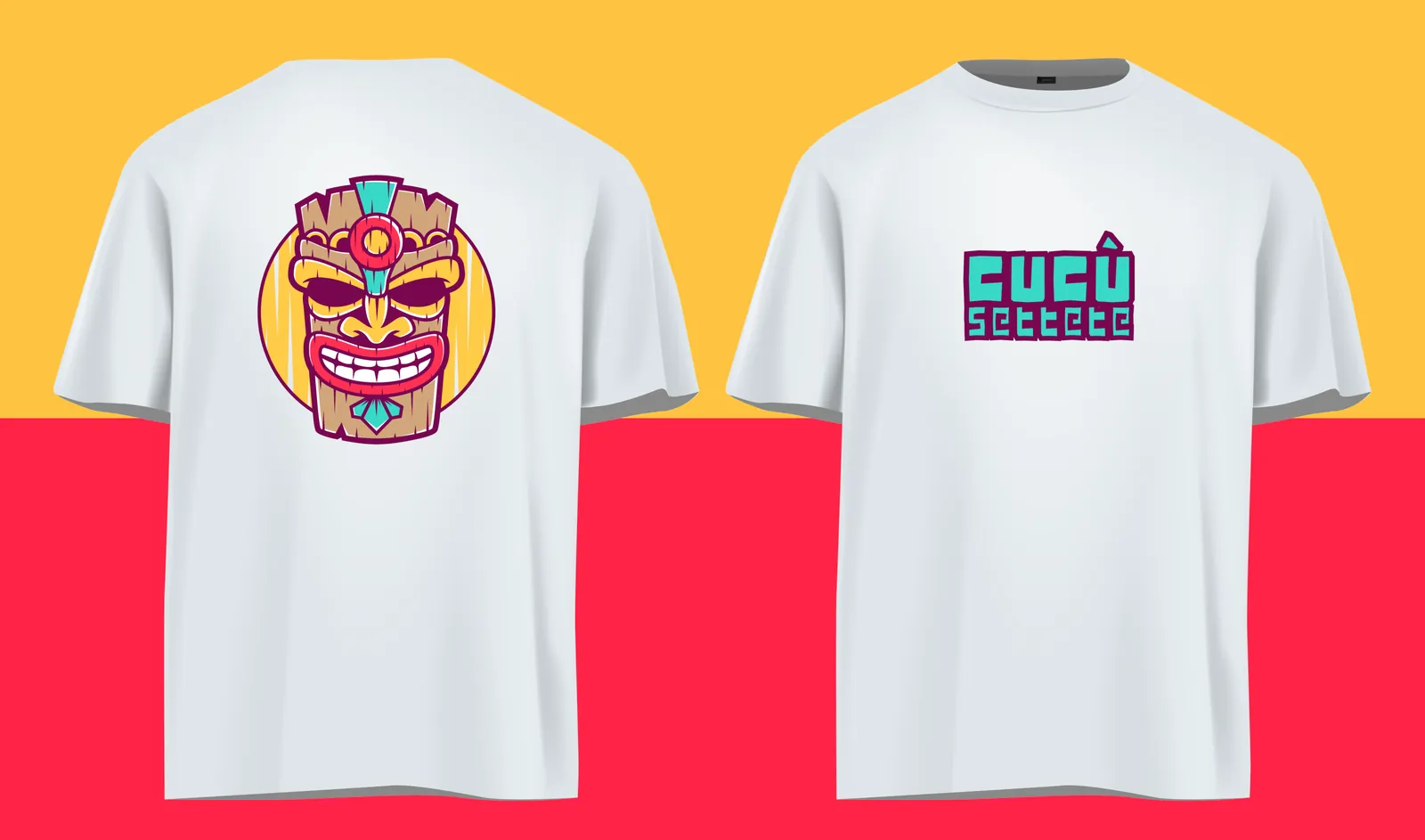 Due T-shirt bianche su fondo giallo e rosso: una vista da dietro con il marchio grande, l'altra vista davanti con il logotipo piccolo sul petto.