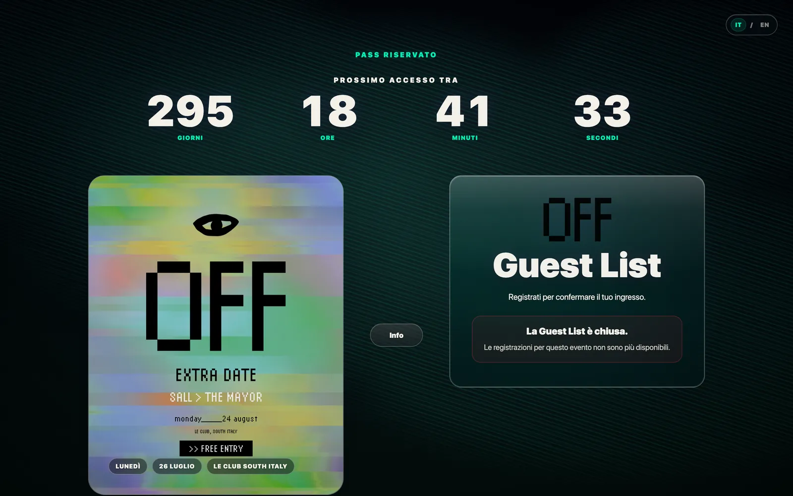 La pagina della guest list OFF su desktop: il conto alla rovescia al prossimo accesso, la locandina della serata e l'avviso che la guest list è chiusa.