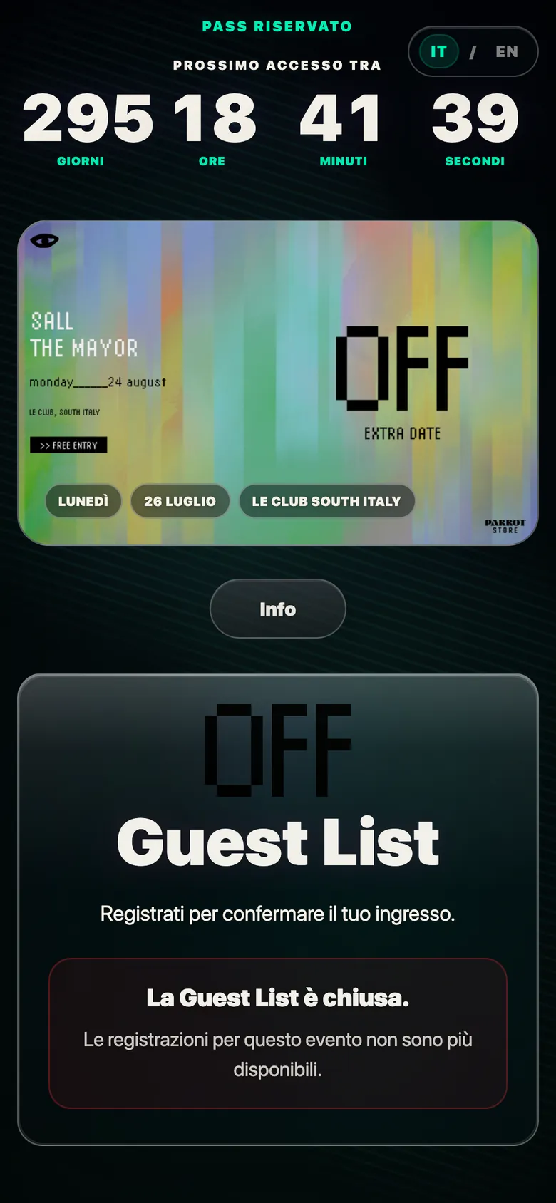 La guest list OFF su smartphone: il conto alla rovescia, la locandina della serata, il pulsante Info e l'avviso che la guest list è chiusa.