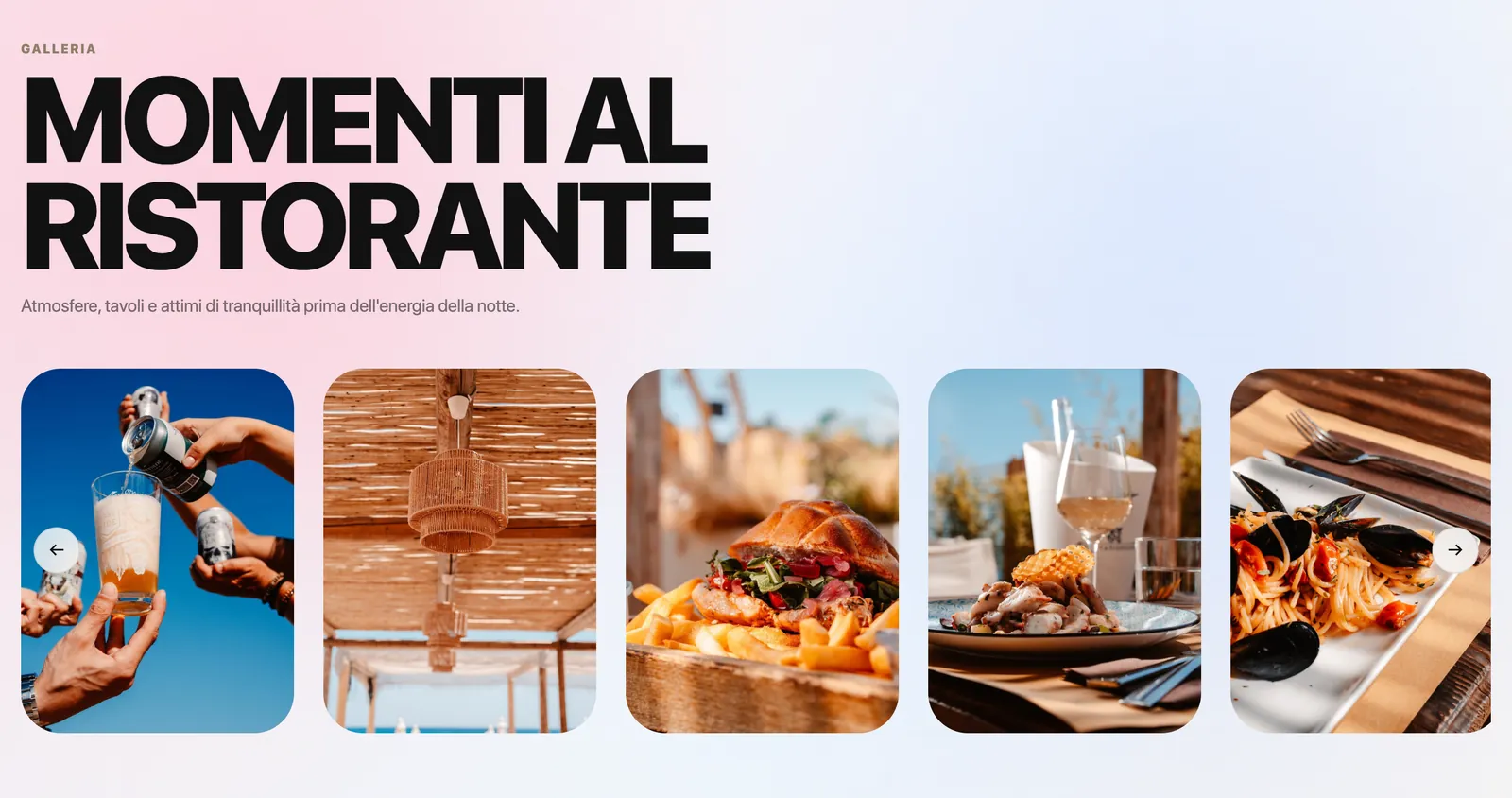 La pagina Ristorante su desktop: la galleria Momenti al ristorante, con piatti, drink e dettagli della terrazza.