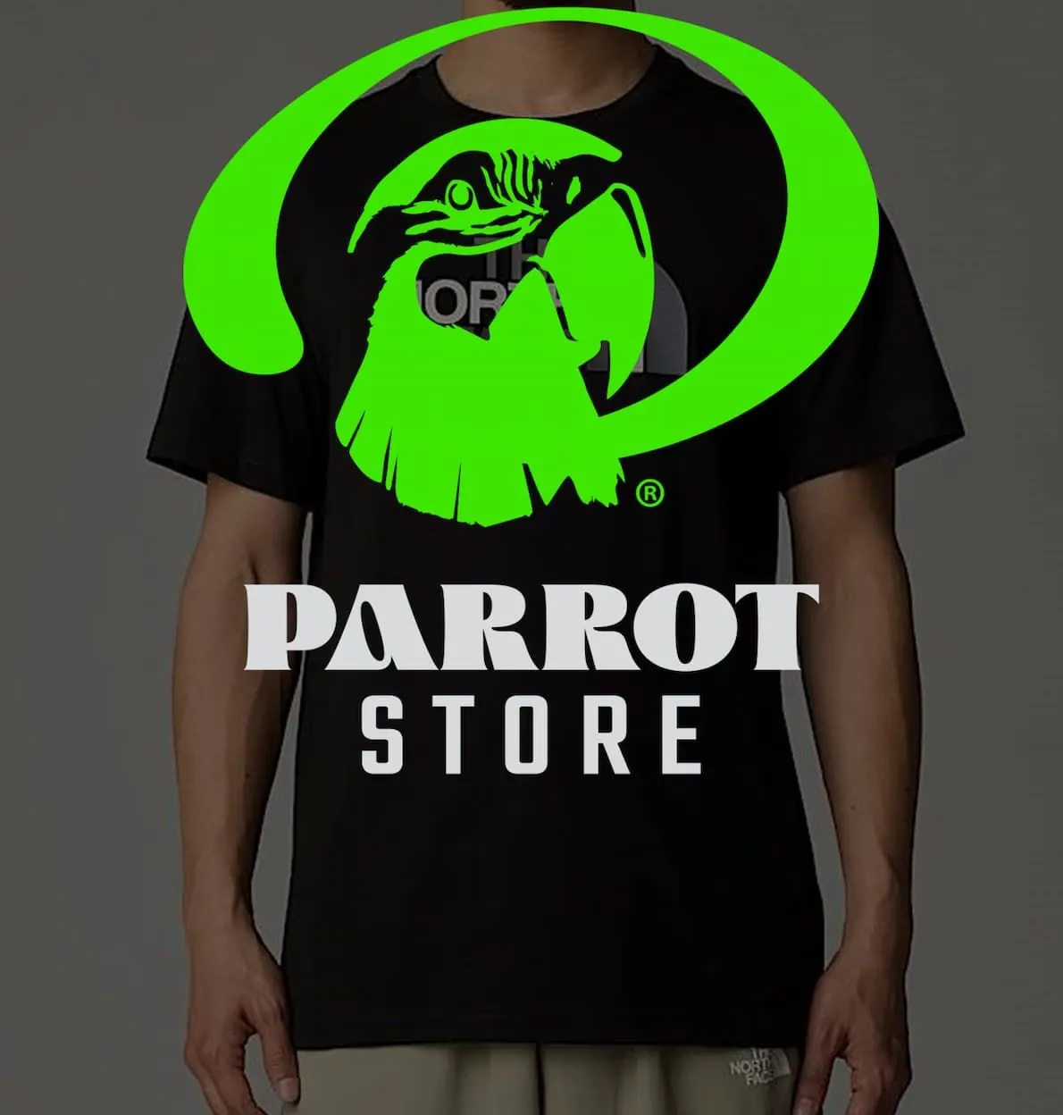 La grafica della finestra di iscrizione dello store online: il marchio completo, con il pappagallo lime e la scritta PARROT STORE chiara, sulla foto scurita di una t-shirt nera indossata.
