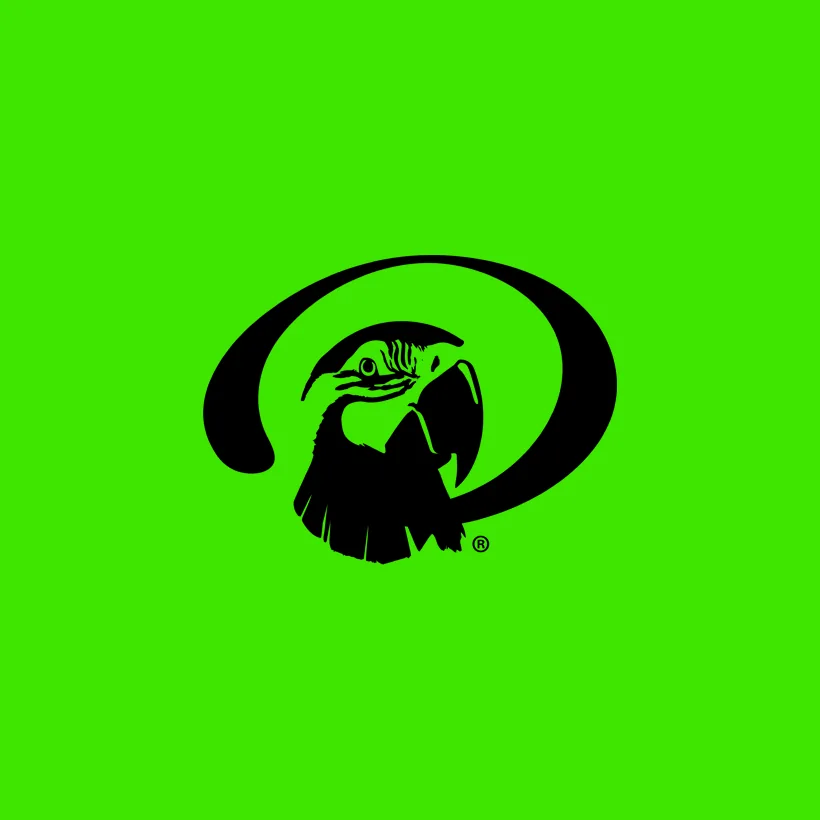Il simbolo di Parrot Store in nero su fondo verde lime: la testa di un pappagallo dentro un anello aperto, con il simbolo ®.