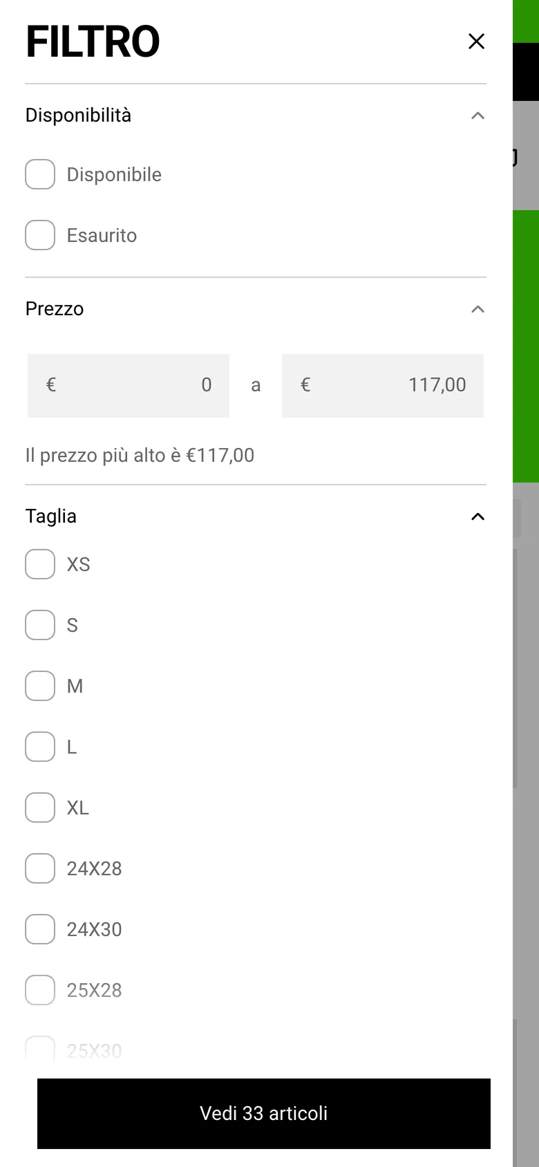 Il pannello Filtro su smartphone: disponibilità, intervallo di prezzo e taglie, con il pulsante Vedi 33 articoli.