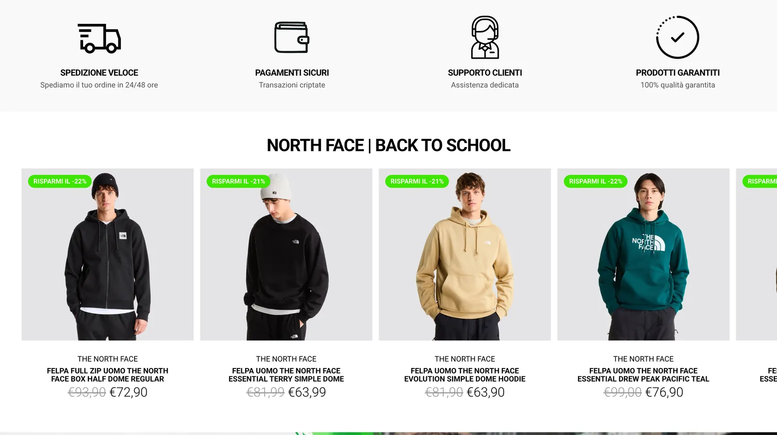 Homepage su desktop: le quattro garanzie del negozio (spedizione veloce, pagamenti sicuri, supporto clienti, prodotti garantiti) e la vetrina The North Face.