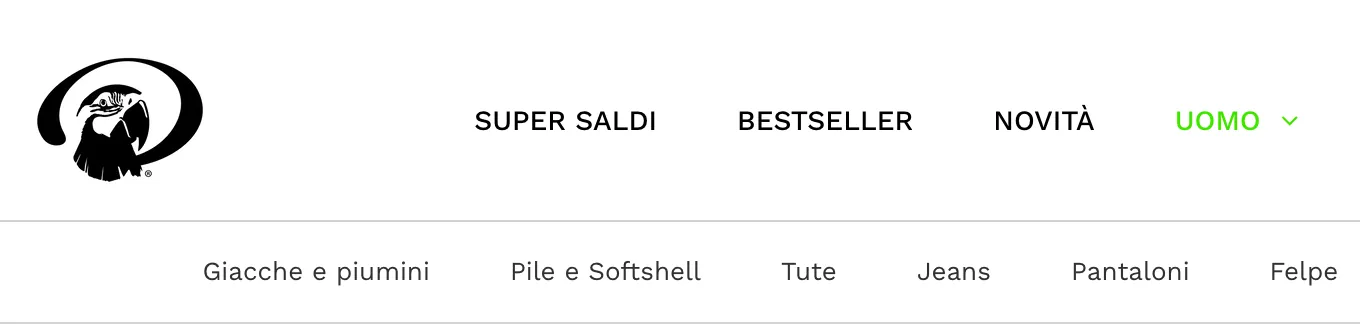 Il menu dello store su desktop: il pappagallo del marchio, le voci Super saldi, Bestseller, Novità e Uomo, evidenziata in verde lime, e sotto le categorie della sezione Uomo, da giacche e piumini a felpe.