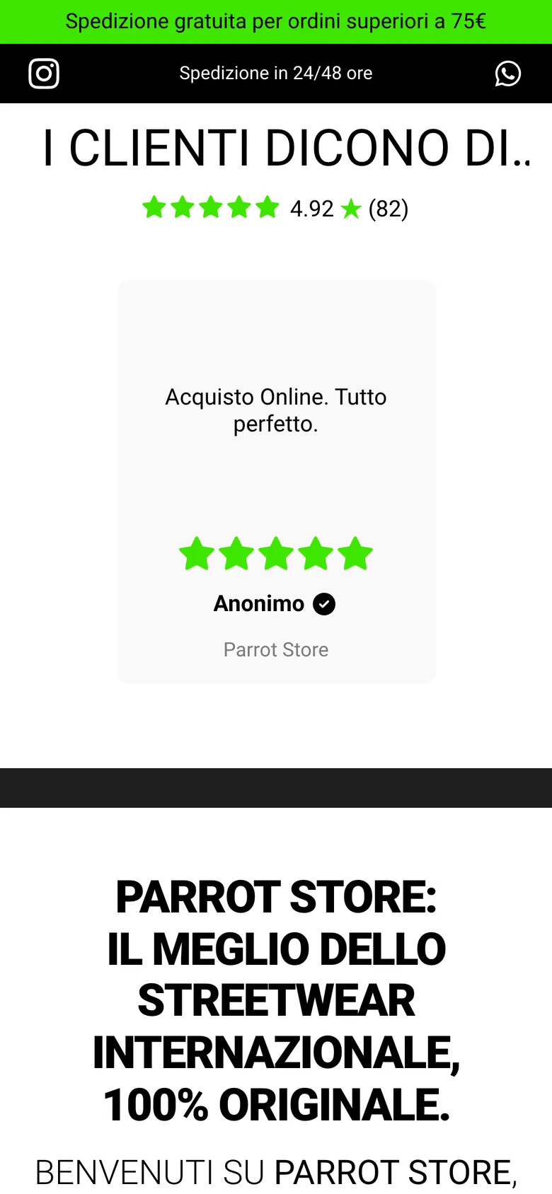 Homepage su smartphone: la sezione recensioni «I clienti dicono di..», con la valutazione media in stelle e una recensione a cinque stelle.