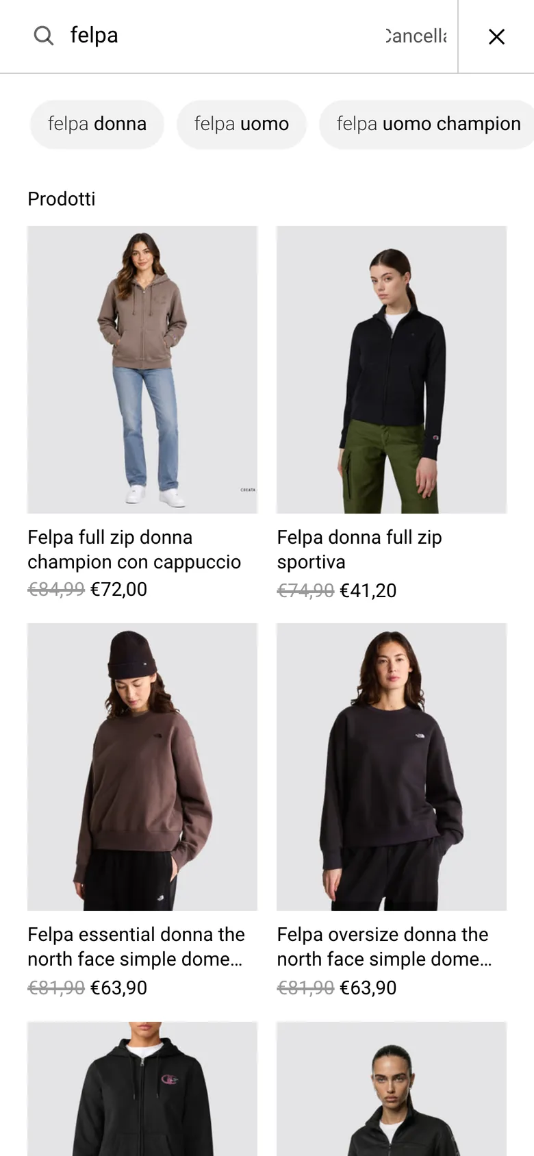 La ricerca su smartphone: per «felpa» compaiono i suggerimenti felpa donna, felpa uomo e felpa uomo champion, poi i primi prodotti con i prezzi.