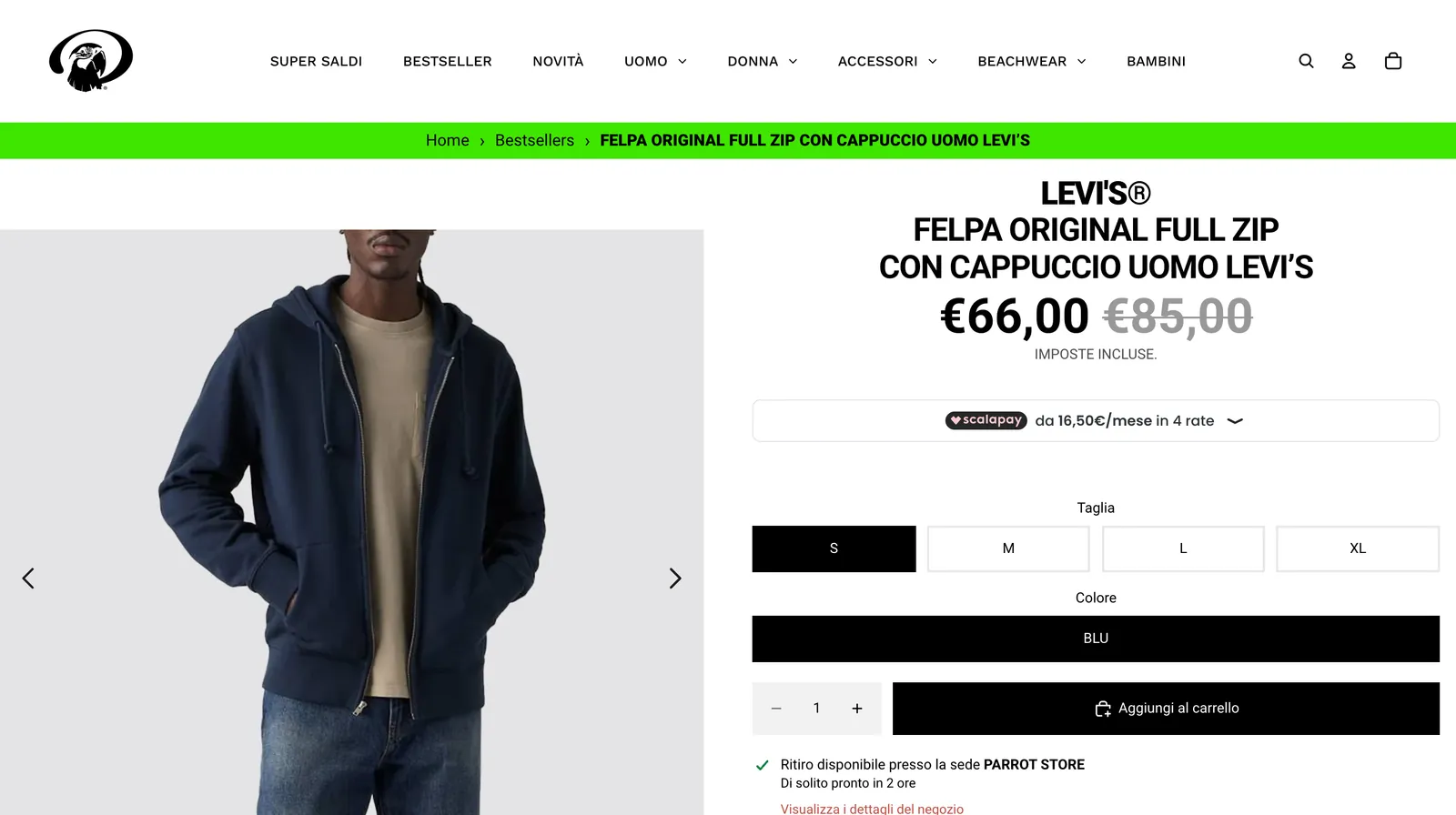Scheda prodotto su desktop: la foto di una felpa Levi's, il prezzo scontato, il pagamento in 4 rate, la scelta di taglia e colore e il pulsante Aggiungi al carrello.
