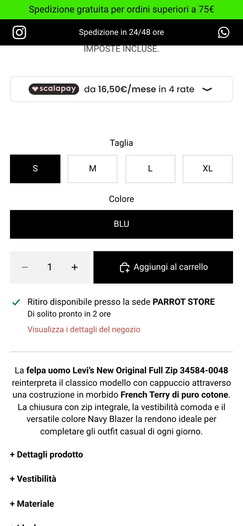 La scheda prodotto su smartphone, più in basso: il pagamento in 4 rate, la scelta di taglia e colore, il pulsante Aggiungi al carrello e il ritiro in negozio.