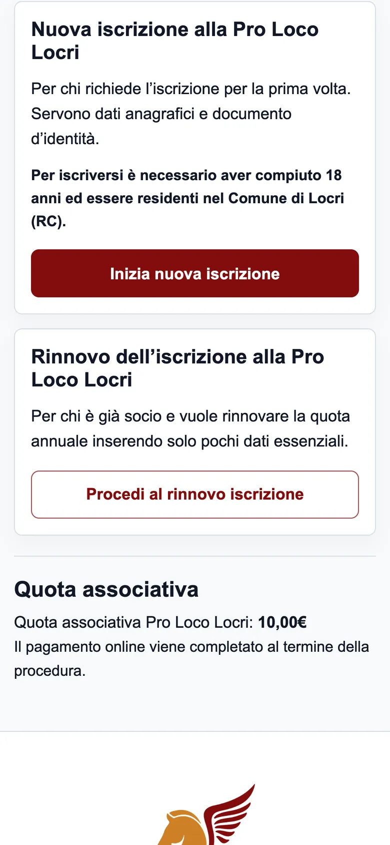 La pagina iniziale su smartphone, più in basso: le schede Nuova iscrizione e Rinnovo, ciascuna con il suo pulsante a tutta larghezza, e la quota associativa.