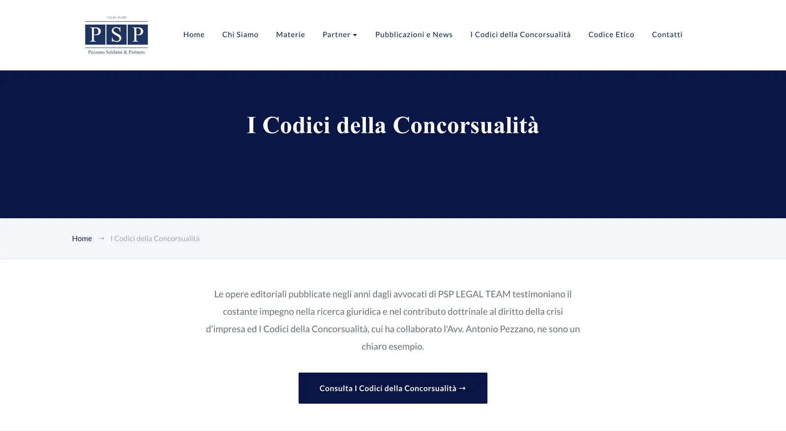 La pagina I Codici della Concorsualità su desktop: il titolo su una fascia blu, la presentazione delle opere editoriali dello studio e il pulsante per consultarle.
