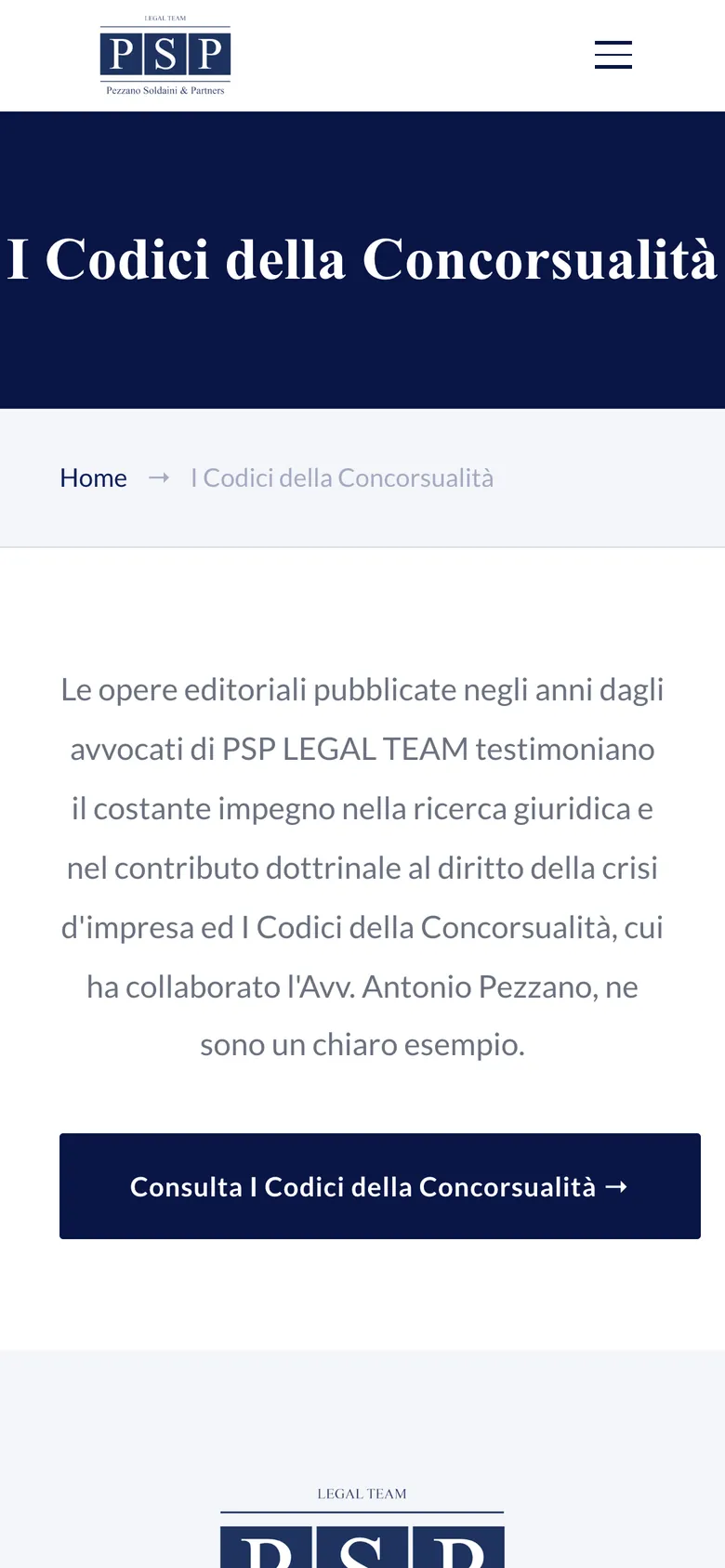 La pagina I Codici della Concorsualità su smartphone: la presentazione delle opere editoriali dello studio e il pulsante per consultarle.
