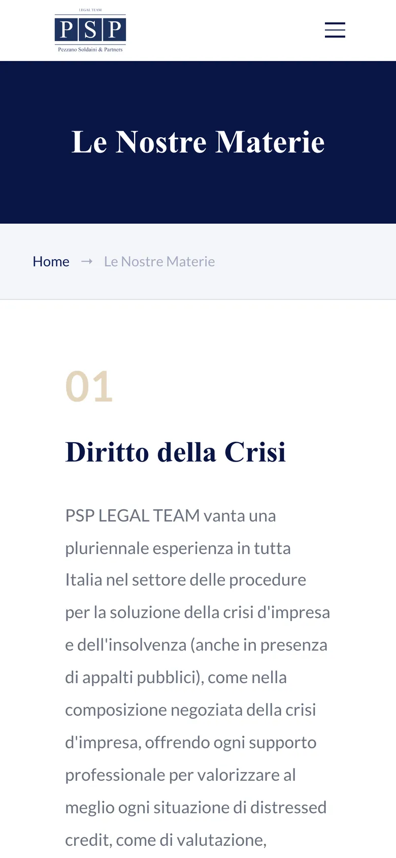 La pagina Le Nostre Materie su smartphone: il titolo su una fascia blu e, sotto, il Diritto della Crisi.