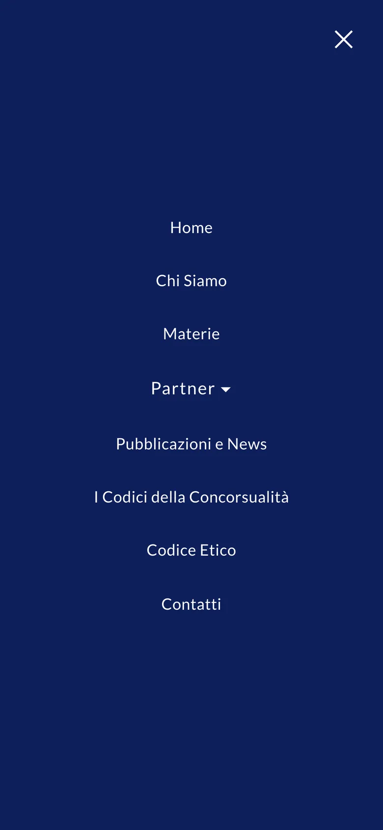 Il menu di PSP Legal Team su smartphone: Home, Chi Siamo, Materie, Partner, Pubblicazioni e News, I Codici della Concorsualità, Codice Etico e Contatti su fondo blu.