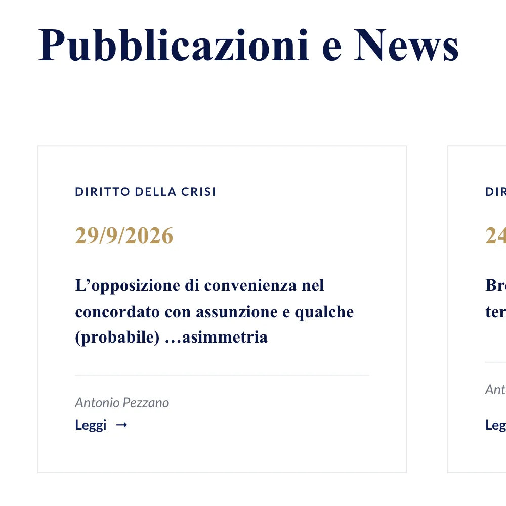 Dettaglio della homepage su desktop: il titolo Pubblicazioni e News e la scheda di un articolo con area, data, titolo, autore e link Leggi.