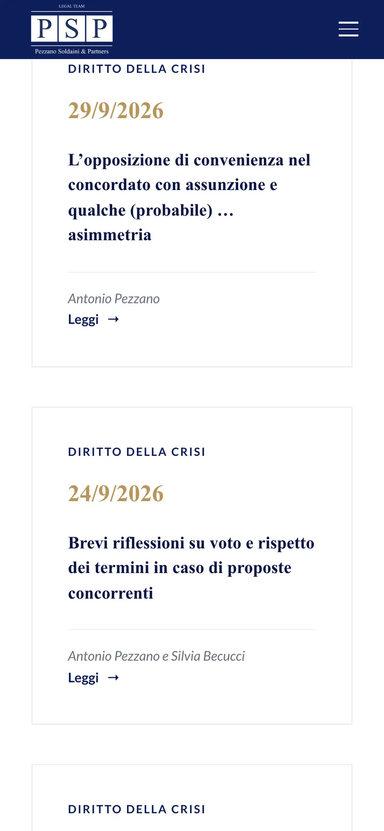 La pagina Pubblicazioni e News su smartphone: le schede del 29/9/2026 e del 24/9/2026 con area, data, titolo, autori e il link Leggi.