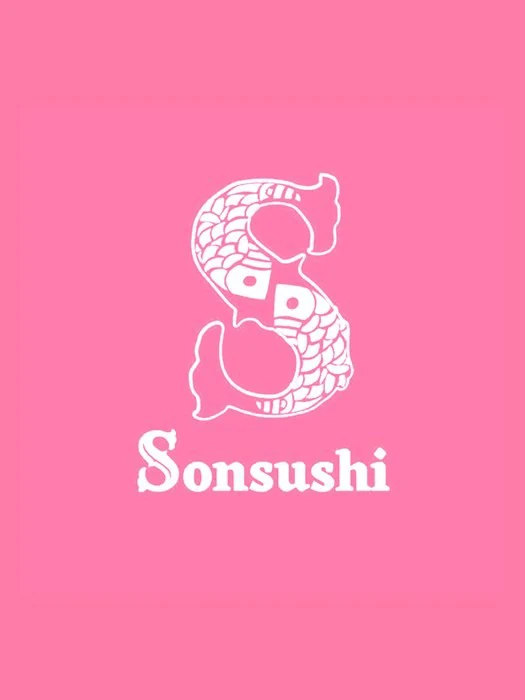 Tavola rosa: il logo Sonsushi, la S formata da due carpe koi, in bianco e al centro.