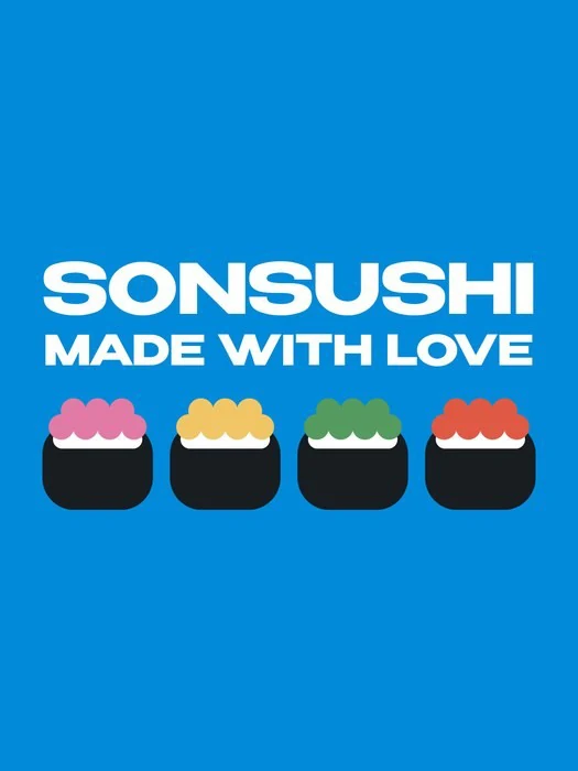 Tavola blu: «Sonsushi made with love» sopra quattro gunkan stilizzati, con il ripieno rosa, giallo, verde e corallo.