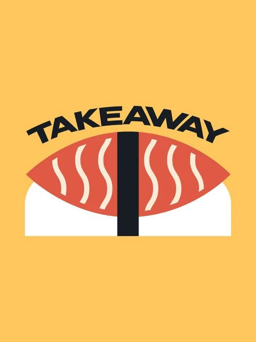 Tavola gialla: un nigiri di salmone stilizzato, a forme piatte, con la scritta «Takeaway» ad arco.