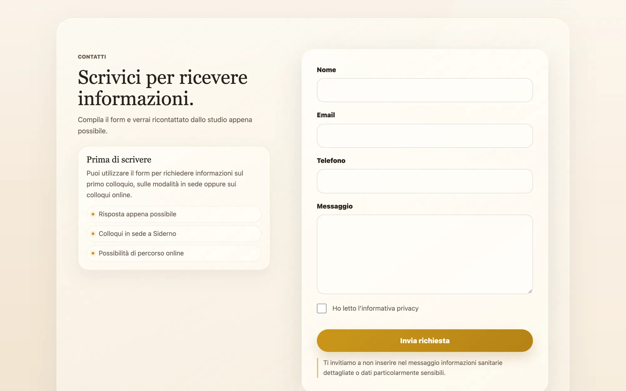 La sezione contatti su desktop: a sinistra il titolo «Scrivici per ricevere informazioni.» e il riquadro «Prima di scrivere», a destra il modulo con nome, email, telefono e messaggio e il pulsante «Invia richiesta».